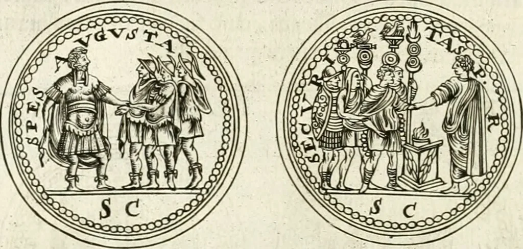 An illustration from Veterum Romanorum Religio castrametatio, disciplina militaris ut & balneae ex antiquis numismatibus & lapidibus demonstrata, 1686, leaf 35