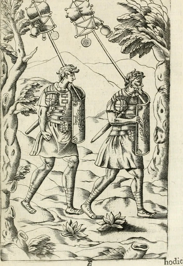 An illustration from Veterum Romanorum Religio castrametatio, disciplina militaris ut & balneae ex antiquis numismatibus & lapidibus demonstrata, 1686, leaf 350