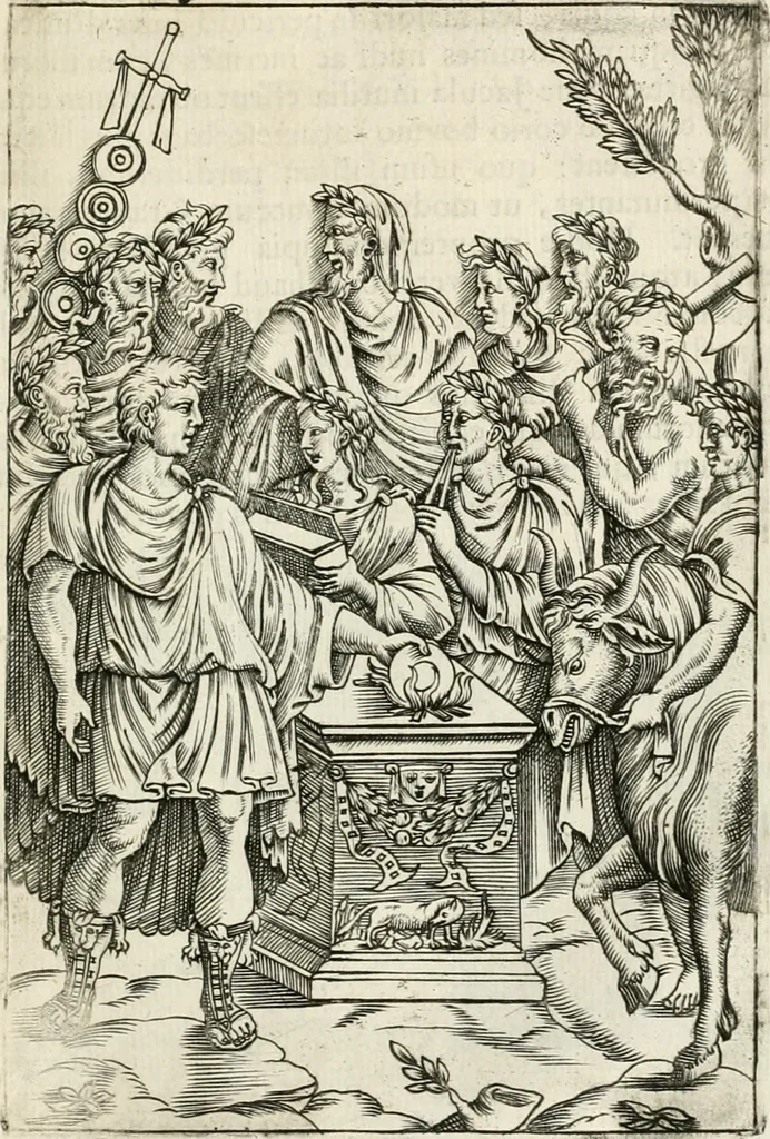 An illustration from Veterum Romanorum Religio castrametatio, disciplina militaris ut & balneae ex antiquis numismatibus & lapidibus demonstrata, 1686, leaf 356