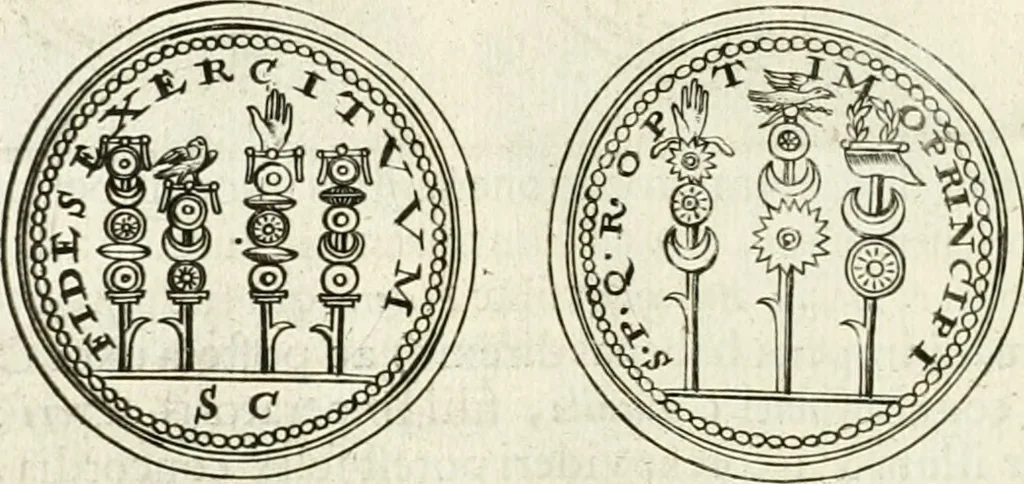 An illustration from Veterum Romanorum Religio castrametatio, disciplina militaris ut & balneae ex antiquis numismatibus & lapidibus demonstrata, 1686, leaf 37