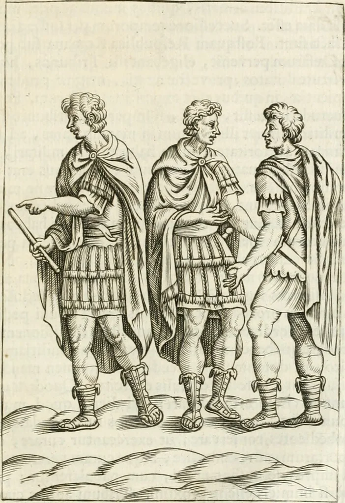 An illustration from Veterum Romanorum Religio castrametatio, disciplina militaris ut & balneae ex antiquis numismatibus & lapidibus demonstrata, 1686, leaf 374