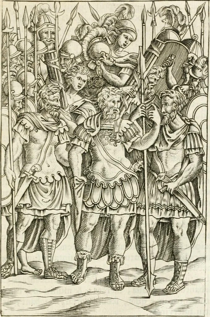An illustration from Veterum Romanorum Religio castrametatio, disciplina militaris ut & balneae ex antiquis numismatibus & lapidibus demonstrata, 1686, leaf 378