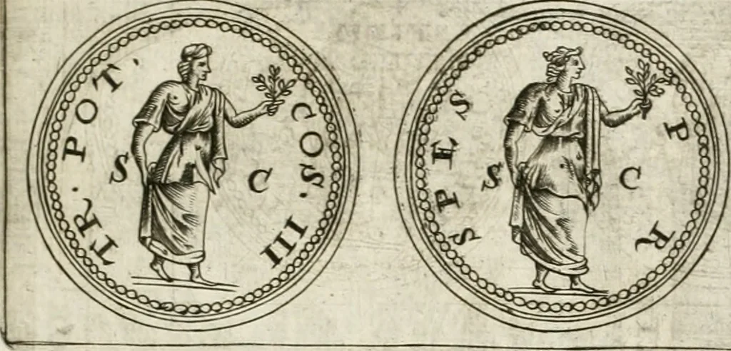 An illustration from Veterum Romanorum Religio castrametatio, disciplina militaris ut & balneae ex antiquis numismatibus & lapidibus demonstrata, 1686, leaf 38