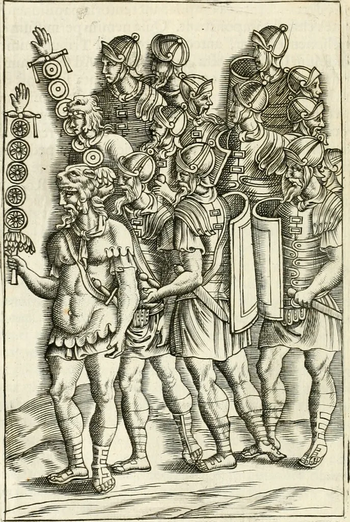 An illustration from Veterum Romanorum Religio castrametatio, disciplina militaris ut & balneae ex antiquis numismatibus & lapidibus demonstrata, 1686, leaf 381