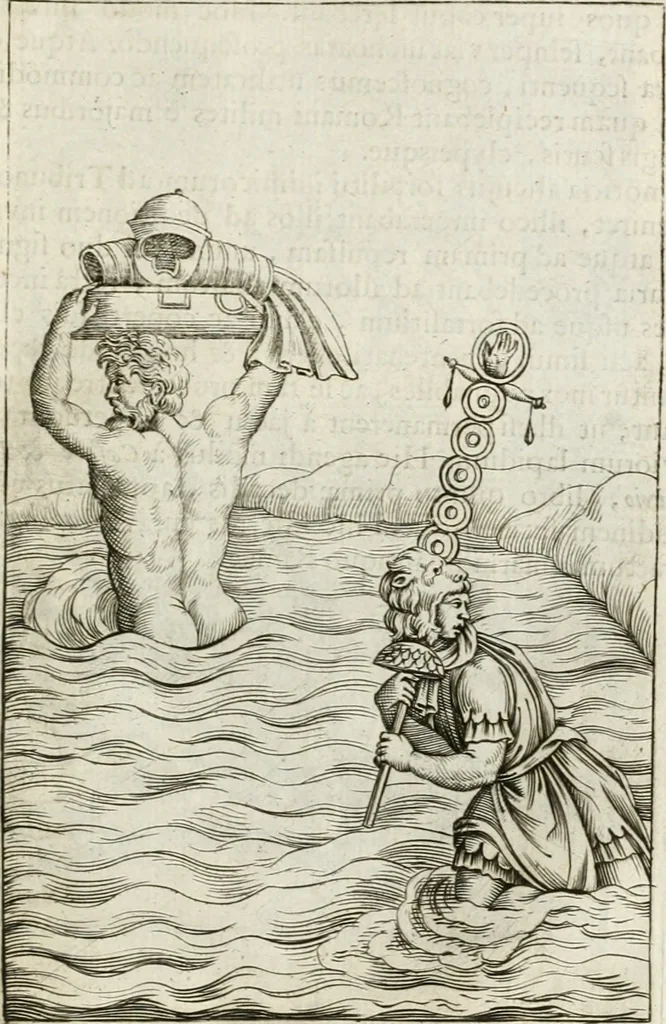 An illustration from Veterum Romanorum Religio castrametatio, disciplina militaris ut & balneae ex antiquis numismatibus & lapidibus demonstrata, 1686, leaf 382