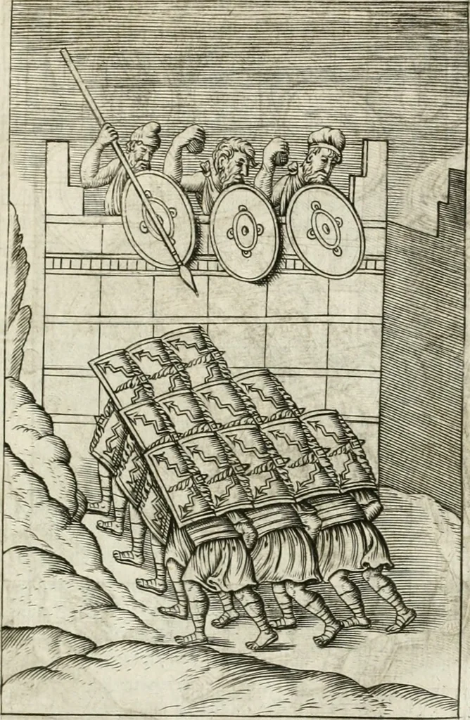 An illustration from Veterum Romanorum Religio castrametatio, disciplina militaris ut & balneae ex antiquis numismatibus & lapidibus demonstrata, 1686, leaf 384