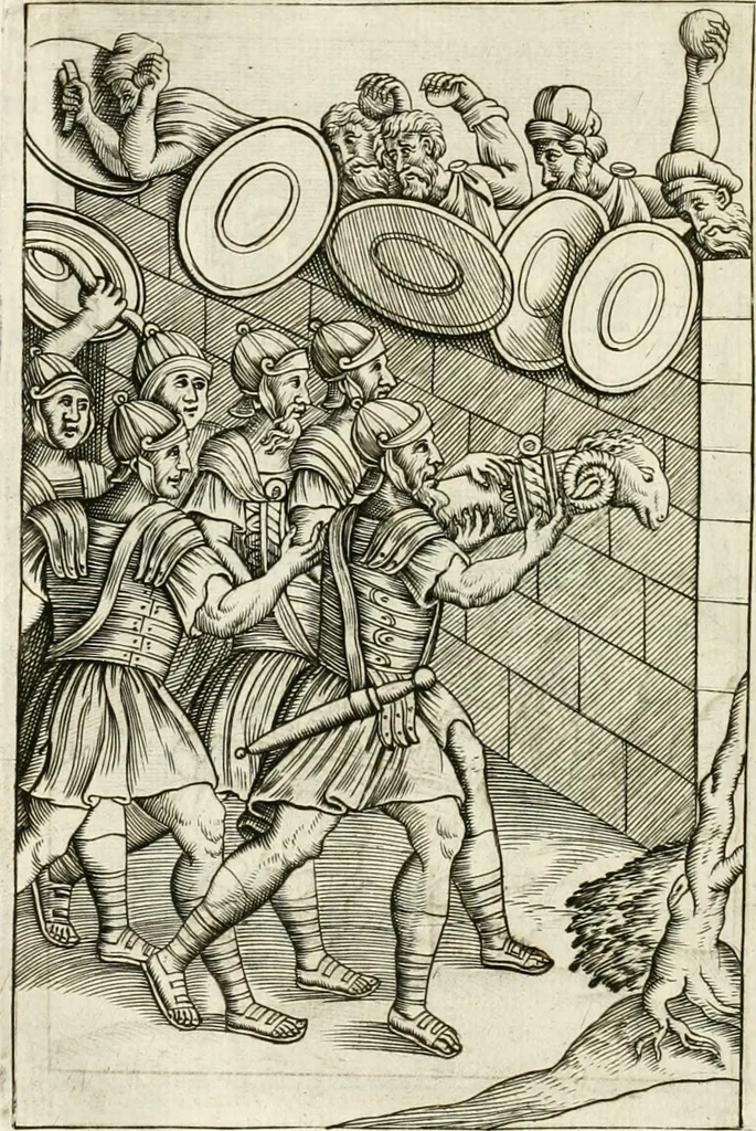 An illustration from Veterum Romanorum Religio castrametatio, disciplina militaris ut & balneae ex antiquis numismatibus & lapidibus demonstrata, 1686, leaf 385