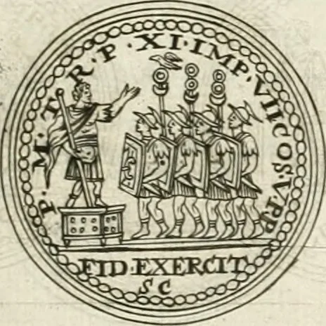 An illustration from Veterum Romanorum Religio castrametatio, disciplina militaris ut & balneae ex antiquis numismatibus & lapidibus demonstrata, 1686, leaf 40