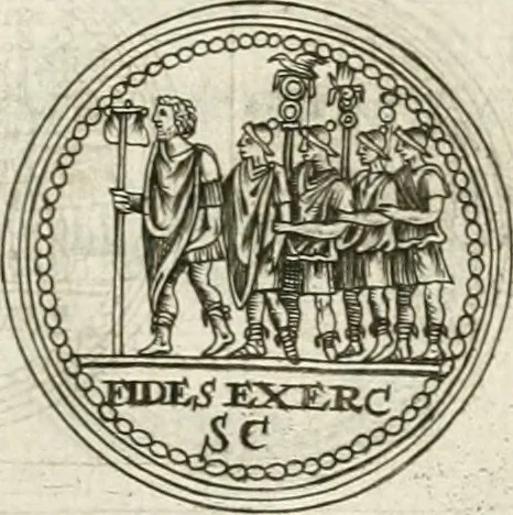 An illustration from Veterum Romanorum Religio castrametatio, disciplina militaris ut & balneae ex antiquis numismatibus & lapidibus demonstrata, 1686, leaf 40
