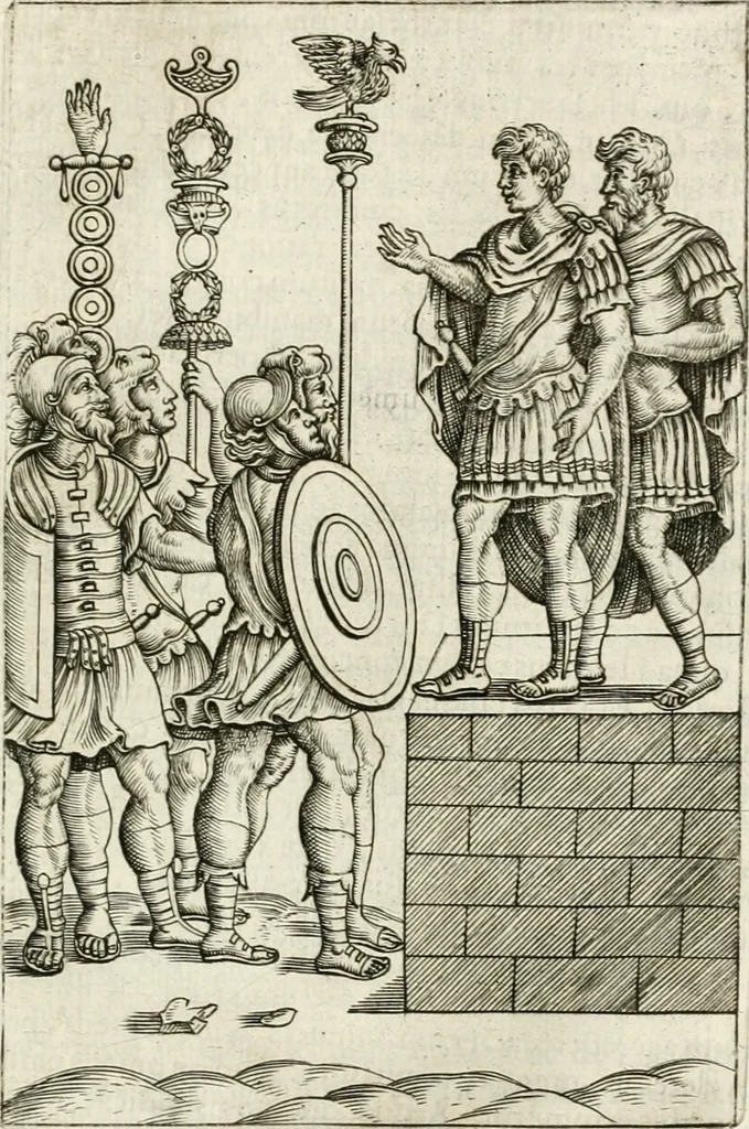 An illustration from Veterum Romanorum Religio castrametatio, disciplina militaris ut & balneae ex antiquis numismatibus & lapidibus demonstrata, 1686, leaf 400
