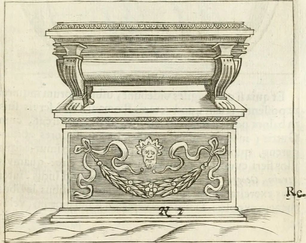 An illustration from Veterum Romanorum Religio castrametatio, disciplina militaris ut & balneae ex antiquis numismatibus & lapidibus demonstrata, 1686, leaf 416
