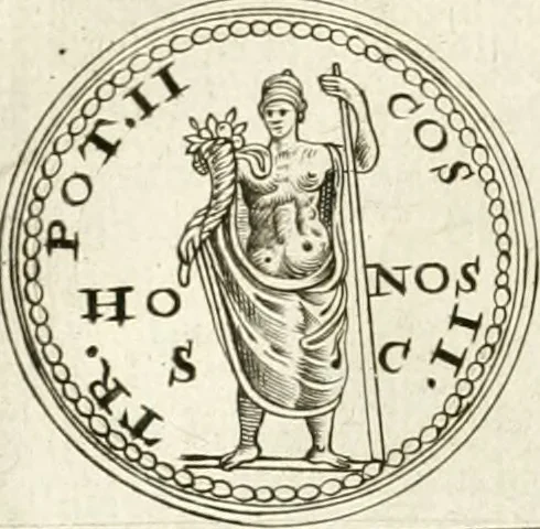 An illustration from Veterum Romanorum Religio castrametatio, disciplina militaris ut & balneae ex antiquis numismatibus & lapidibus demonstrata, 1686, leaf 43
