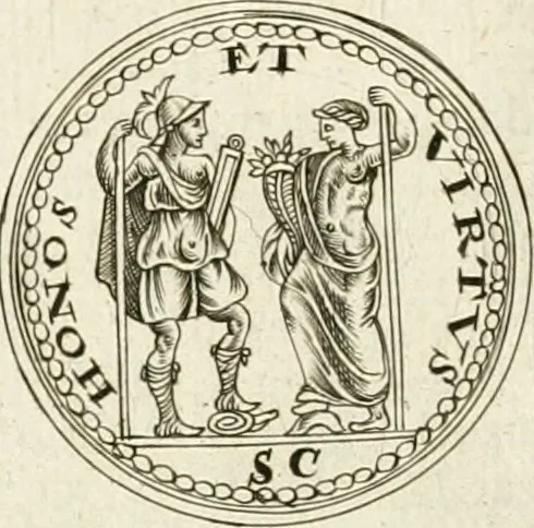 An illustration from Veterum Romanorum Religio castrametatio, disciplina militaris ut & balneae ex antiquis numismatibus & lapidibus demonstrata, 1686, leaf 43