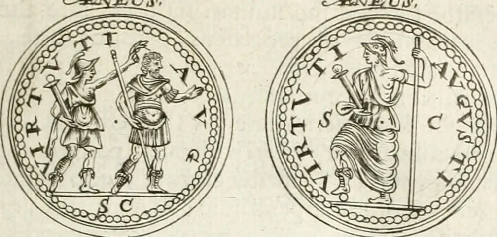 An illustration from Veterum Romanorum Religio castrametatio, disciplina militaris ut & balneae ex antiquis numismatibus & lapidibus demonstrata, 1686, leaf 44