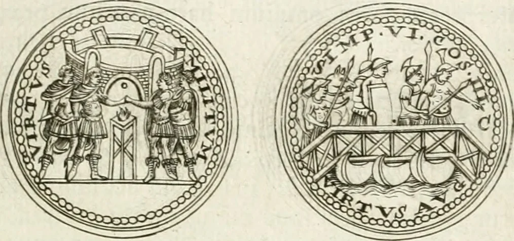 An illustration from Veterum Romanorum Religio castrametatio, disciplina militaris ut & balneae ex antiquis numismatibus & lapidibus demonstrata, 1686, leaf 44