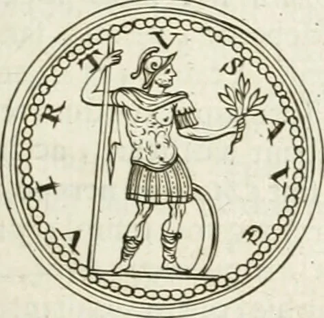 An illustration from Veterum Romanorum Religio castrametatio, disciplina militaris ut & balneae ex antiquis numismatibus & lapidibus demonstrata, 1686, leaf 44