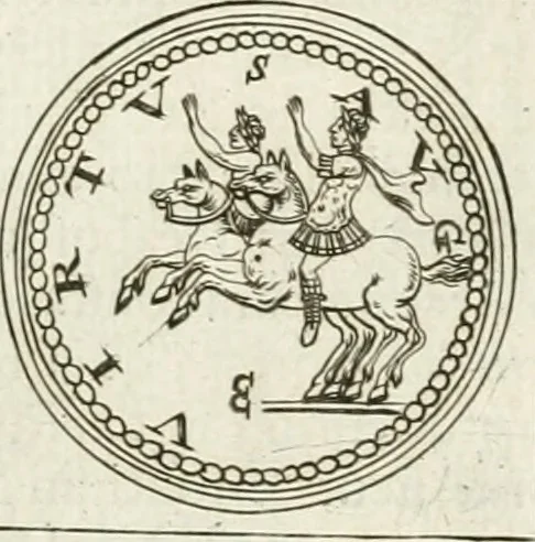 An illustration from Veterum Romanorum Religio castrametatio, disciplina militaris ut & balneae ex antiquis numismatibus & lapidibus demonstrata, 1686, leaf 44