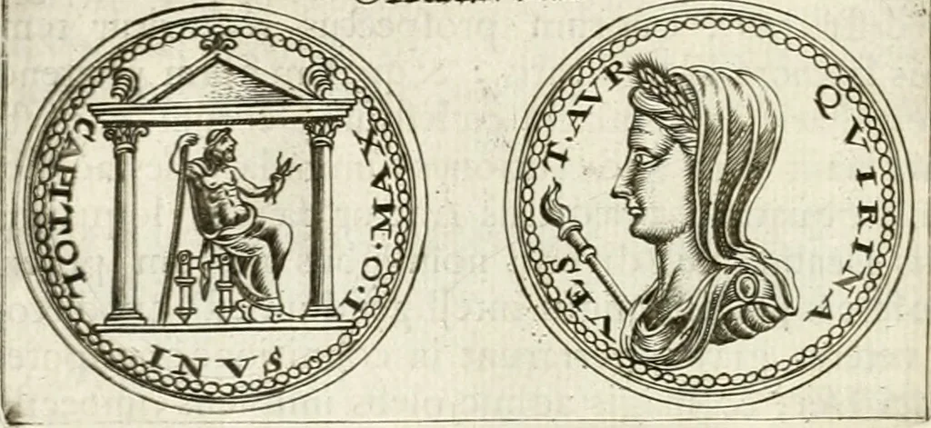 An illustration from Veterum Romanorum Religio castrametatio, disciplina militaris ut & balneae ex antiquis numismatibus & lapidibus demonstrata, 1686, leaf 47
