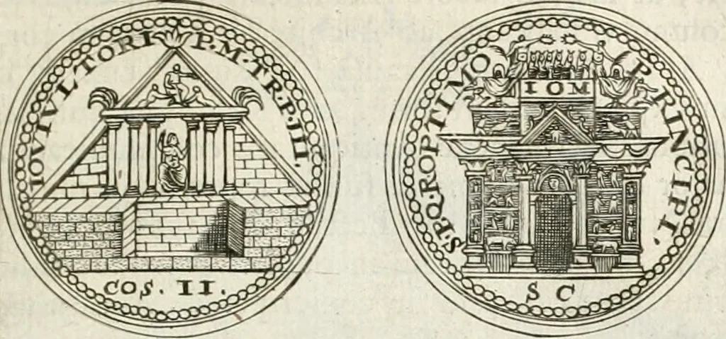 An illustration from Veterum Romanorum Religio castrametatio, disciplina militaris ut & balneae ex antiquis numismatibus & lapidibus demonstrata, 1686, leaf 48