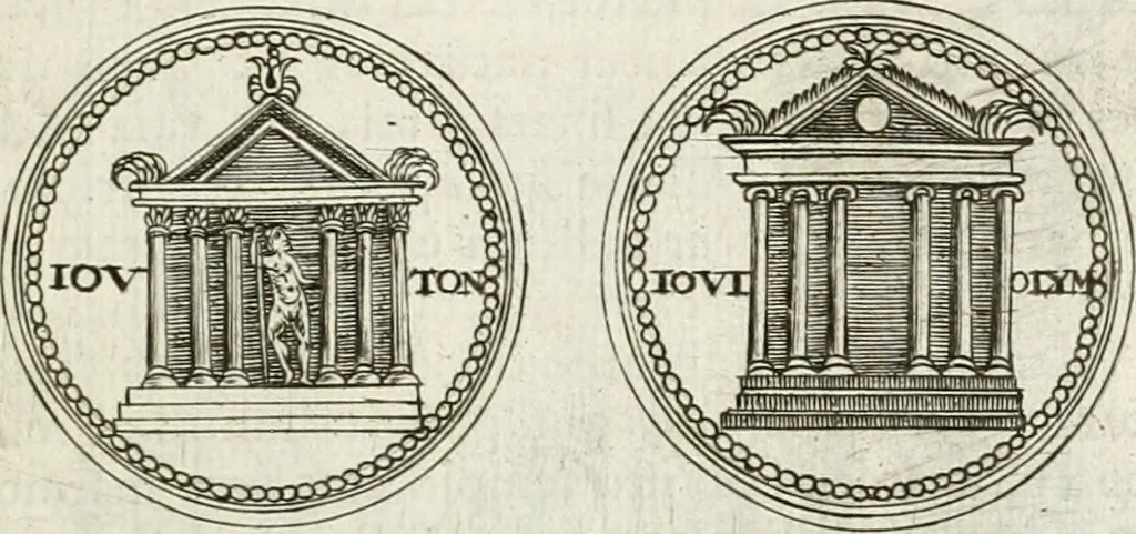 An illustration from Veterum Romanorum Religio castrametatio, disciplina militaris ut & balneae ex antiquis numismatibus & lapidibus demonstrata, 1686, leaf 48