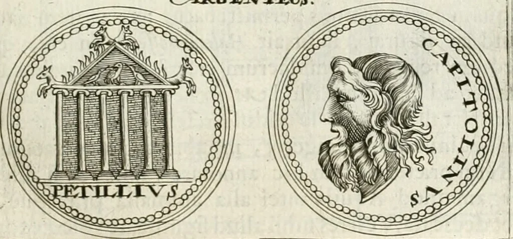 An illustration from Veterum Romanorum Religio castrametatio, disciplina militaris ut & balneae ex antiquis numismatibus & lapidibus demonstrata, 1686, leaf 48