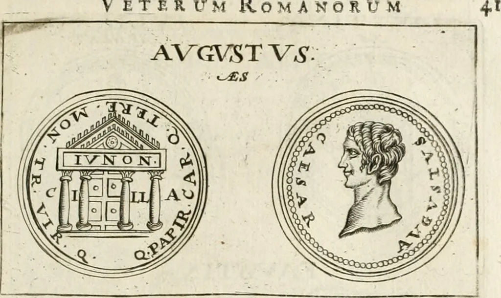 An illustration from Veterum Romanorum Religio castrametatio, disciplina militaris ut & balneae ex antiquis numismatibus & lapidibus demonstrata, 1686, leaf 54