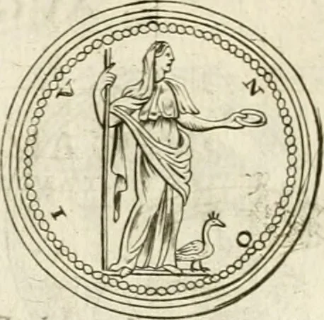 An illustration from Veterum Romanorum Religio castrametatio, disciplina militaris ut & balneae ex antiquis numismatibus & lapidibus demonstrata, 1686, leaf 55