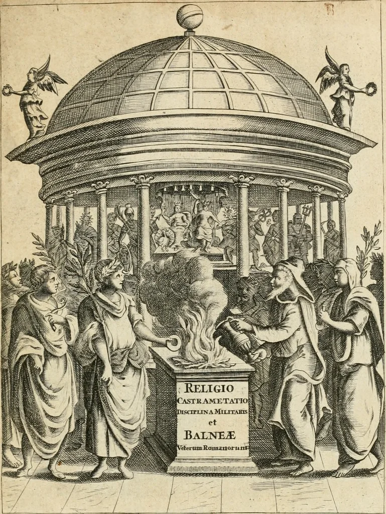 An illustration from Veterum Romanorum Religio castrametatio, disciplina militaris ut & balneae ex antiquis numismatibus & lapidibus demonstrata, 1686, leaf 6