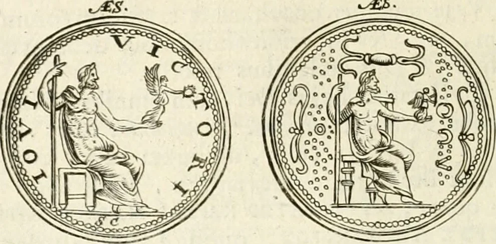 An illustration from Veterum Romanorum Religio castrametatio, disciplina militaris ut & balneae ex antiquis numismatibus & lapidibus demonstrata, 1686, leaf 61