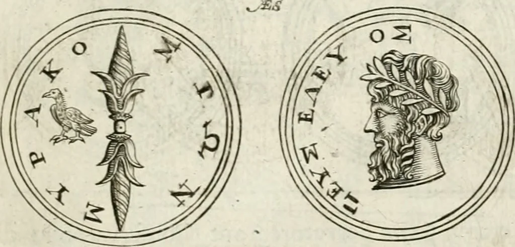 An illustration from Veterum Romanorum Religio castrametatio, disciplina militaris ut & balneae ex antiquis numismatibus & lapidibus demonstrata, 1686, leaf 62