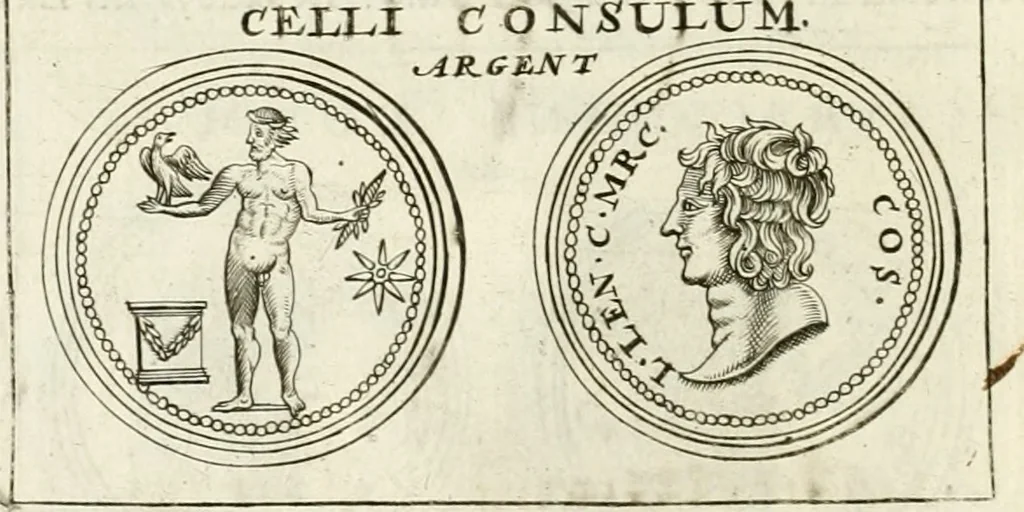 An illustration from Veterum Romanorum Religio castrametatio, disciplina militaris ut & balneae ex antiquis numismatibus & lapidibus demonstrata, 1686, leaf 63
