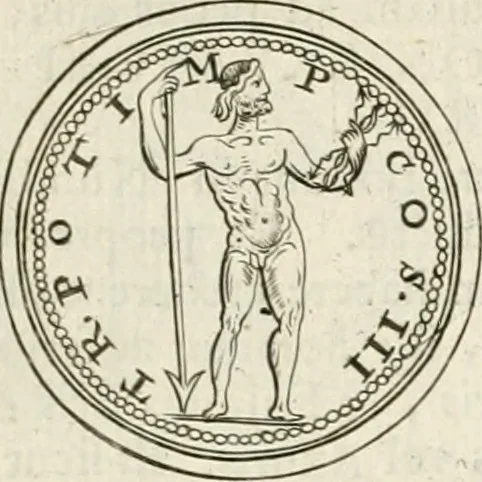 An illustration from Veterum Romanorum Religio castrametatio, disciplina militaris ut & balneae ex antiquis numismatibus & lapidibus demonstrata, 1686, leaf 64