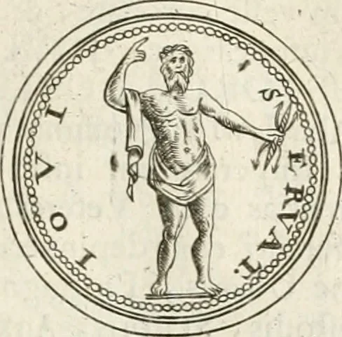 An illustration from Veterum Romanorum Religio castrametatio, disciplina militaris ut & balneae ex antiquis numismatibus & lapidibus demonstrata, 1686, leaf 64