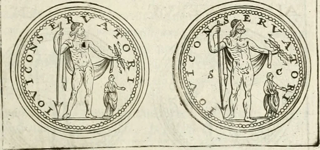 An illustration from Veterum Romanorum Religio castrametatio, disciplina militaris ut & balneae ex antiquis numismatibus & lapidibus demonstrata, 1686, leaf 64