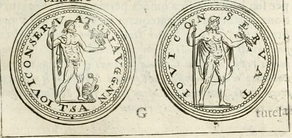 An illustration from Veterum Romanorum Religio castrametatio, disciplina militaris ut & balneae ex antiquis numismatibus & lapidibus demonstrata, 1686, leaf 64