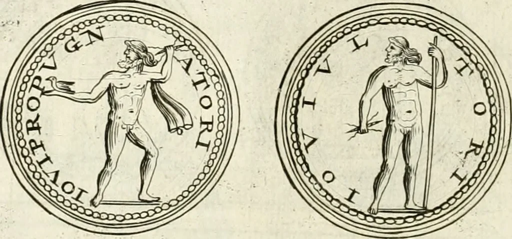 An illustration from Veterum Romanorum Religio castrametatio, disciplina militaris ut & balneae ex antiquis numismatibus & lapidibus demonstrata, 1686, leaf 65