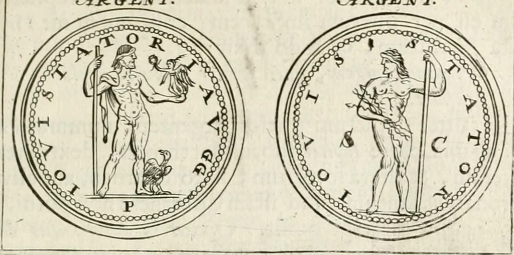 An illustration from Veterum Romanorum Religio castrametatio, disciplina militaris ut & balneae ex antiquis numismatibus & lapidibus demonstrata, 1686, leaf 66