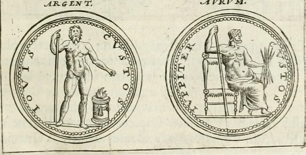 An illustration from Veterum Romanorum Religio castrametatio, disciplina militaris ut & balneae ex antiquis numismatibus & lapidibus demonstrata, 1686, leaf 66