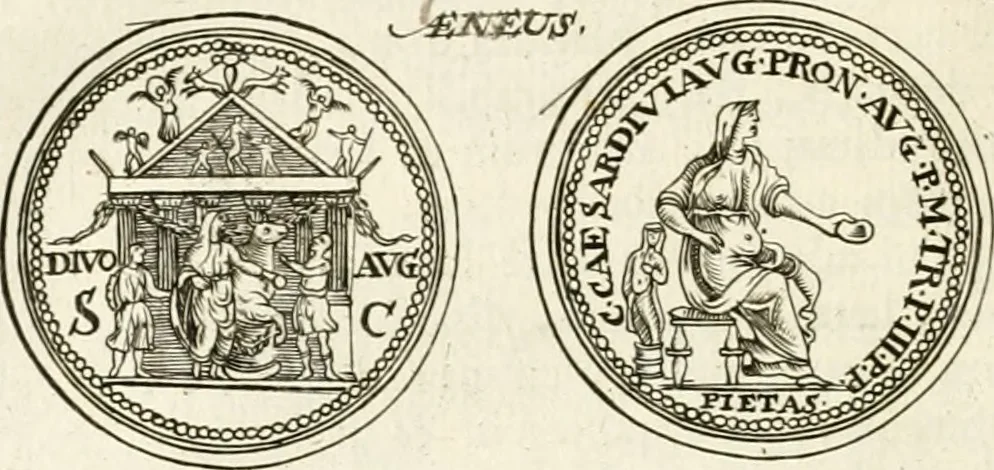 An illustration from Veterum Romanorum Religio castrametatio, disciplina militaris ut & balneae ex antiquis numismatibus & lapidibus demonstrata, 1686, leaf 69