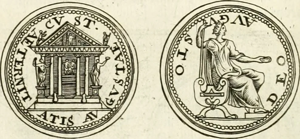 An illustration from Veterum Romanorum Religio castrametatio, disciplina militaris ut & balneae ex antiquis numismatibus & lapidibus demonstrata, 1686, leaf 69