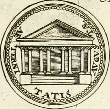An illustration from Veterum Romanorum Religio castrametatio, disciplina militaris ut & balneae ex antiquis numismatibus & lapidibus demonstrata, 1686, leaf 69