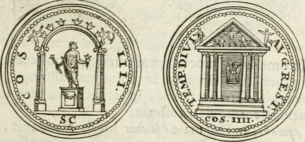 An illustration from Veterum Romanorum Religio castrametatio, disciplina militaris ut & balneae ex antiquis numismatibus & lapidibus demonstrata, 1686, leaf 70