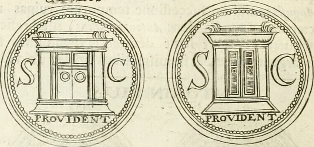 An illustration from Veterum Romanorum Religio castrametatio, disciplina militaris ut & balneae ex antiquis numismatibus & lapidibus demonstrata, 1686, leaf 71