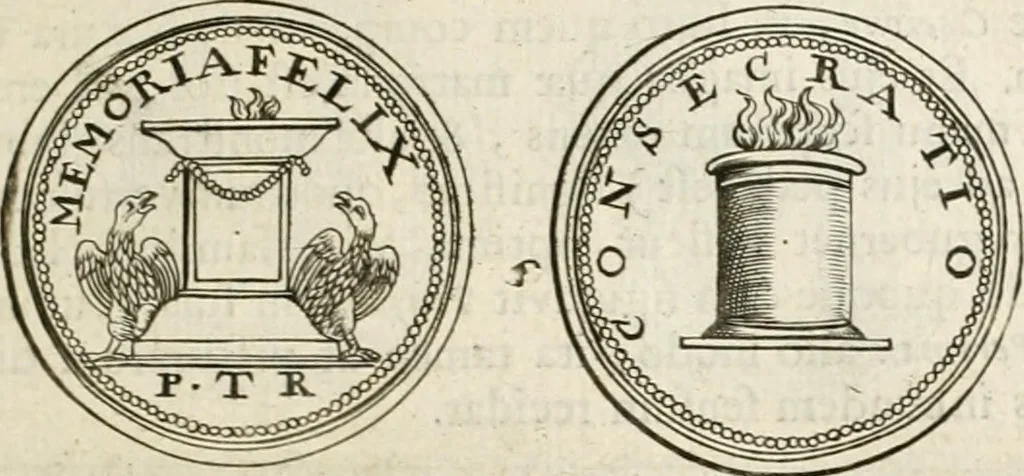 An illustration from Veterum Romanorum Religio castrametatio, disciplina militaris ut & balneae ex antiquis numismatibus & lapidibus demonstrata, 1686, leaf 72