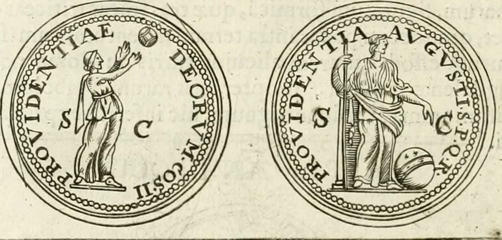 An illustration from Veterum Romanorum Religio castrametatio, disciplina militaris ut & balneae ex antiquis numismatibus & lapidibus demonstrata, 1686, leaf 73