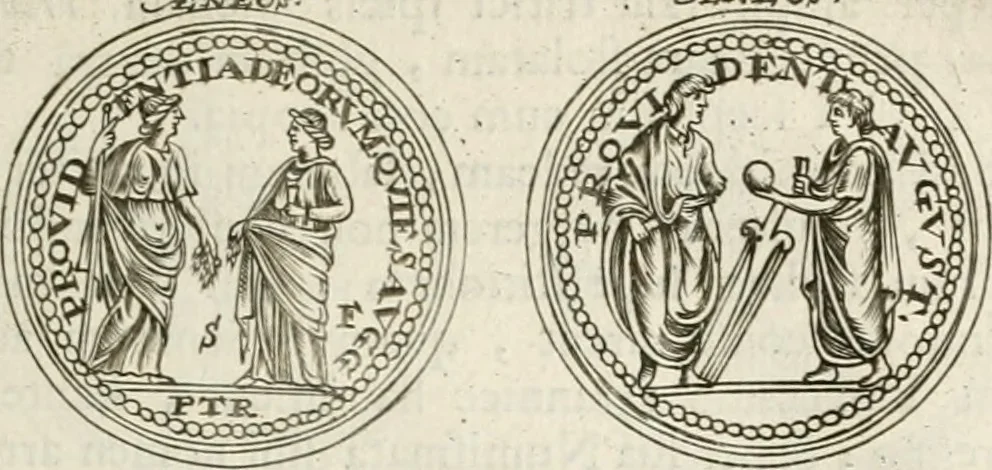 An illustration from Veterum Romanorum Religio castrametatio, disciplina militaris ut & balneae ex antiquis numismatibus & lapidibus demonstrata, 1686, leaf 74