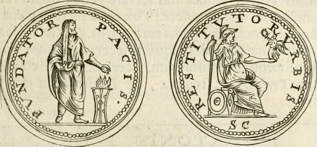 An illustration from Veterum Romanorum Religio castrametatio, disciplina militaris ut & balneae ex antiquis numismatibus & lapidibus demonstrata, 1686, leaf 76
