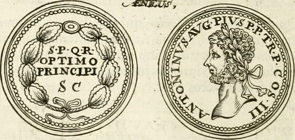 An illustration from Veterum Romanorum Religio castrametatio, disciplina militaris ut & balneae ex antiquis numismatibus & lapidibus demonstrata, 1686, leaf 77