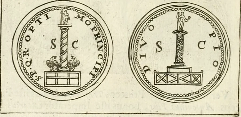 An illustration from Veterum Romanorum Religio castrametatio, disciplina militaris ut & balneae ex antiquis numismatibus & lapidibus demonstrata, 1686, leaf 77