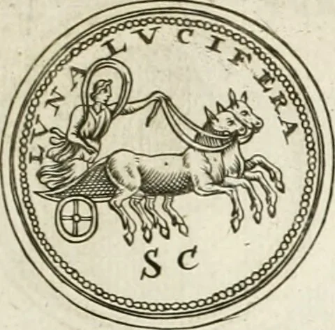 An illustration from Veterum Romanorum Religio castrametatio, disciplina militaris ut & balneae ex antiquis numismatibus & lapidibus demonstrata, 1686, leaf 84